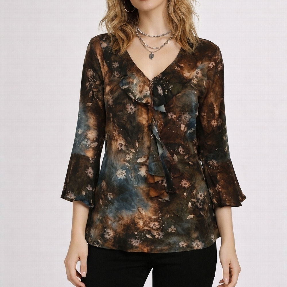 DRESS BARN Floral Metallic Gold Jabot Flare Sleeve Fairycore Blouse